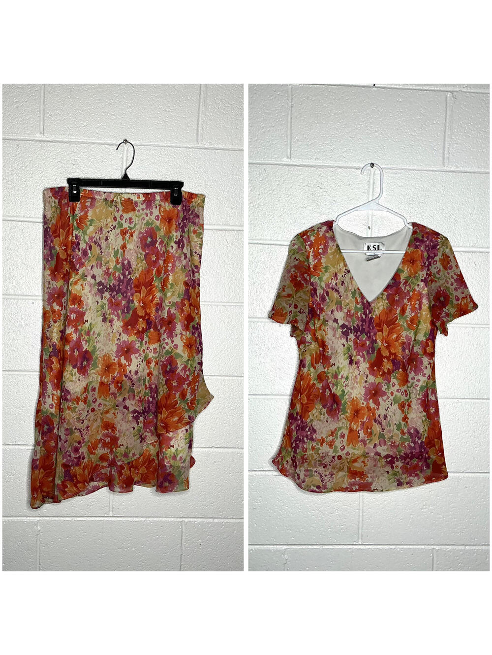 < Vintage KSL Karin Stevens Floral Patterned Skirt & Top Set >